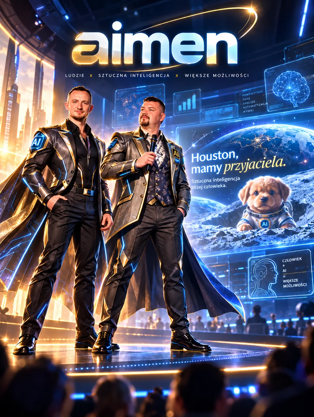 Grafika: Michał Olejarski i Radosław Zacha na scenie z napisem „aimen — ludzie × sztuczna inteligencja × większe możliwości