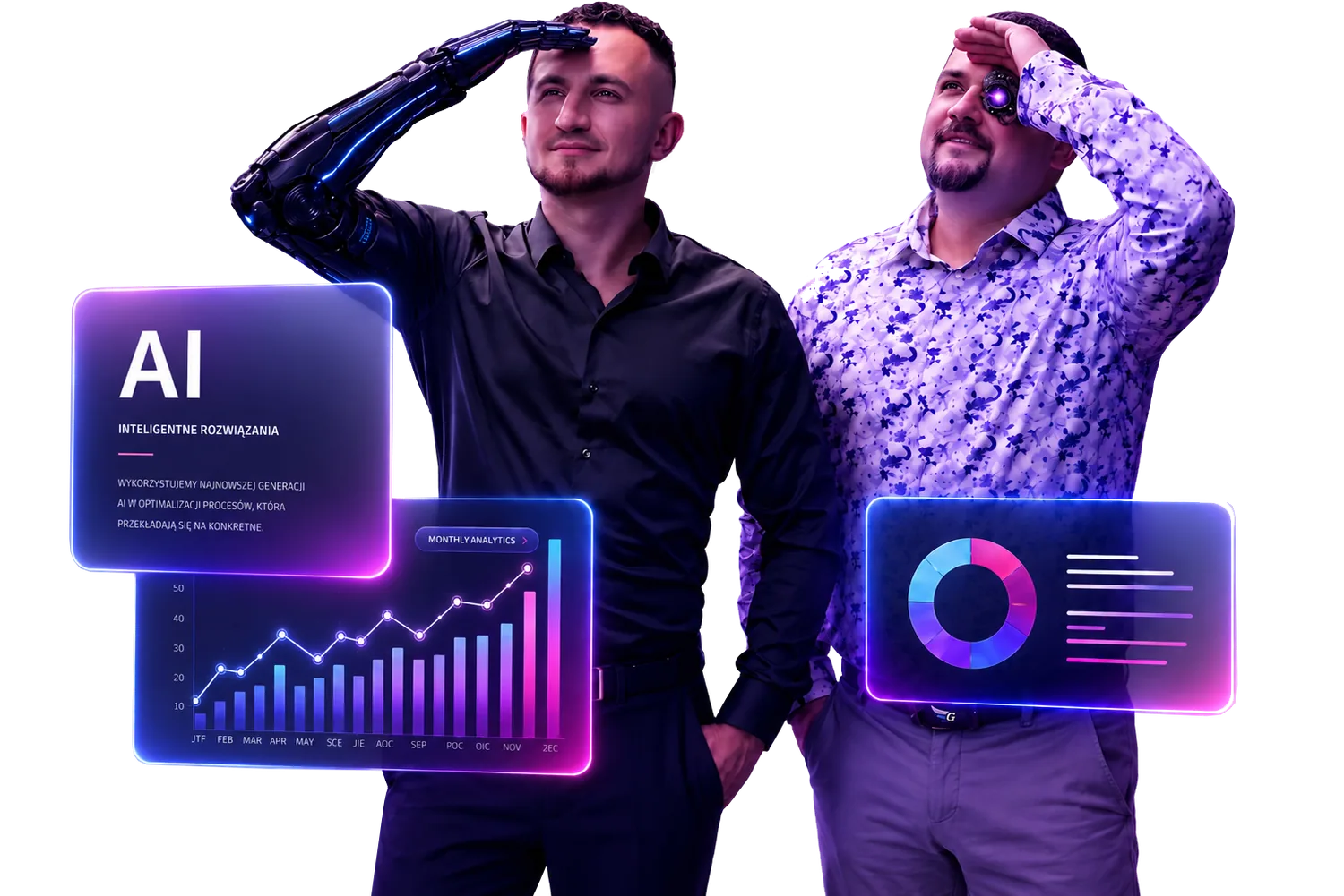 Michał Olejarski i Radosław Zacha na grafice promującej warsztaty o wykorzystaniu AI w tworzeniu stron internetowych